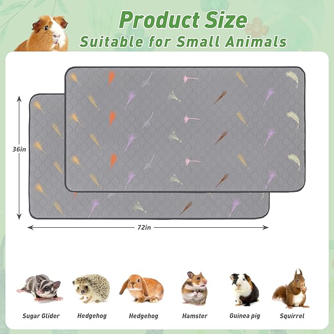 2Pcs Guinea Pig Cage Liners,Guinea Pig Fleece Cage Liners36''X72'' Super Absorbent Washable Pee Pads Reusable for Rabbit Hamster Chinchilla
