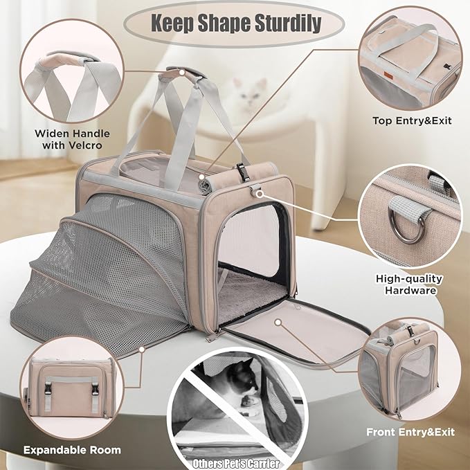Small Dogs Carrier Airline Approved Soft Cat Carriers Stylish Expandable Pets Carriers Puppies Kitties Cage,Ventilated,Rabbit Bunny Small Animals Travel Outdoor Khaki Color