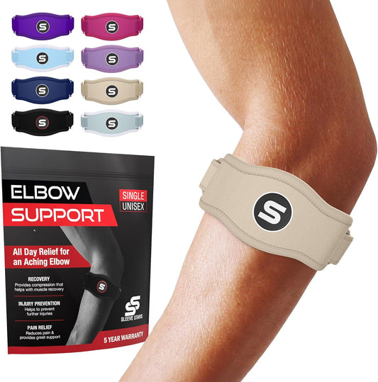 Sleeve Stars Tennis Elbow Brace for Men & Women, Tendonitis Elbow Brace & Strap Golfers Elbow Brace Counterforce Band for Tendon Pain Relief & Support for Forearm w/ 3 Straps Fits 9-23" (Single) (2, Beige, One Size)