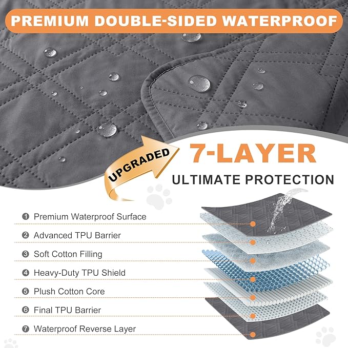 100% Waterproof Dog Couch Protector, Triple-Layer Waterproof Dog Bed Cover Pet Blanket Reversible 2-Tone Sofa Shield, Non-Slip Furniture Guard for Pets(82×92 Inch, Gray+Gray)