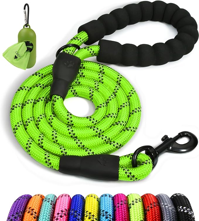 Taglory Rope Dog Leash 5 FT with Comfortable Padded Handle, Highly Reflective Threads Leash and Anti-Tangle Clip for Walking Medium Large Dogs, 1/2 inch, Green