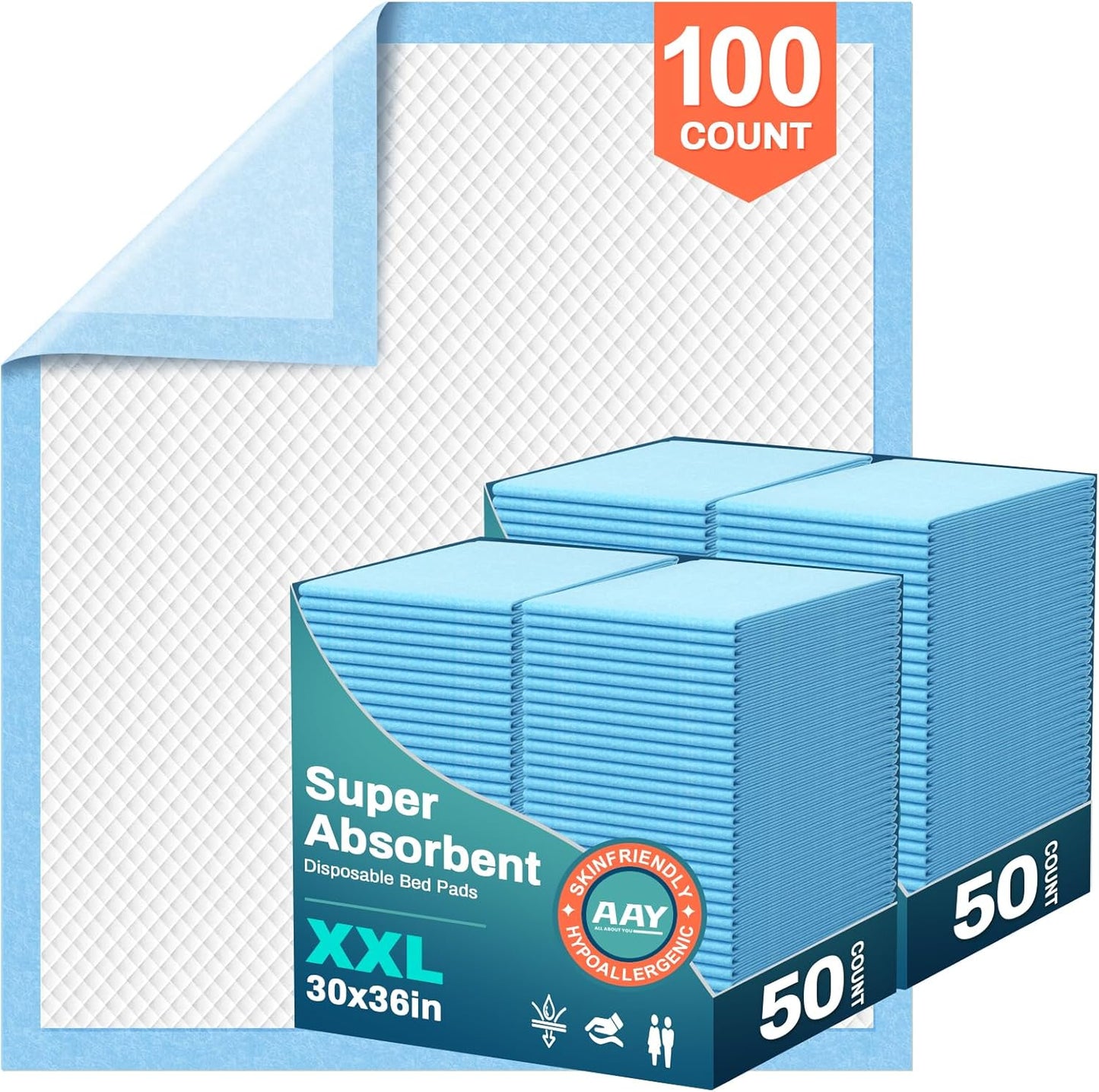 AAY Bed Pads Disposable 30" x 36" (100 Count), Extra Large Super Absorbency Disposable Underpads for Incontinence, Premium Leakproof Protective Chucks Pee Pads for Adult, Kids, Puppy Training
