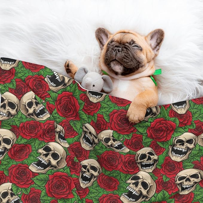 Reversible Dog Blanket for Beds Couches, Floral Rose Flowers Day of The Dead Sugar Skulls, Double Sided Cat Blanket with Textured Dot Feel and Smooth Feel for Seasonal Comfort All Year