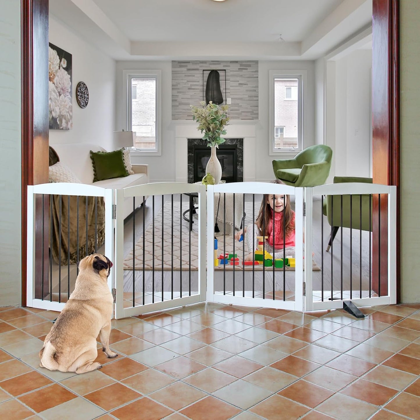 Freestanding Panel Dog Gate for Indoor, Doorways, Stairs, or Hallways - Foldable Wooden Pet Fence With Support Feet - 24" Height, 4 Panels, White