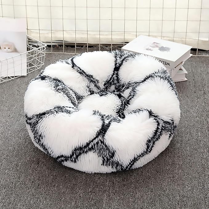 Calming Dog Bed for Small Dogs, Calming Donut Cuddler Pet Bed Anti Anxiety Round Dog Bed Fluffy Plush Faux Fur Cat Bed,Black+White,19.7IN