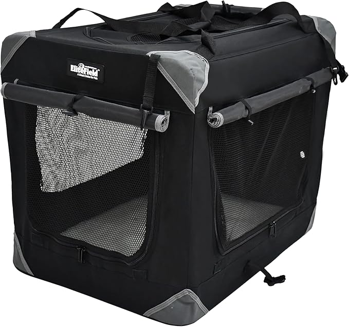 EliteField 4-Door Folding Soft Dog Crate with Curtains, Carrying Bag and Fleece Bed (2 Year Warranty), Indoor & Outdoor Pet Home (30" L x 21" W x 24" H, Black+4 Door Curtains)