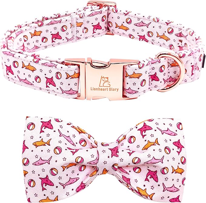 Lionheart glory Dog Collar Shark Print Dog Bow Collar Pink Dog Collar Male or Female Summer Spring Collars with Bowtie Pet Gift Durable Adjustable Soft Dog Collar for Large Dogs