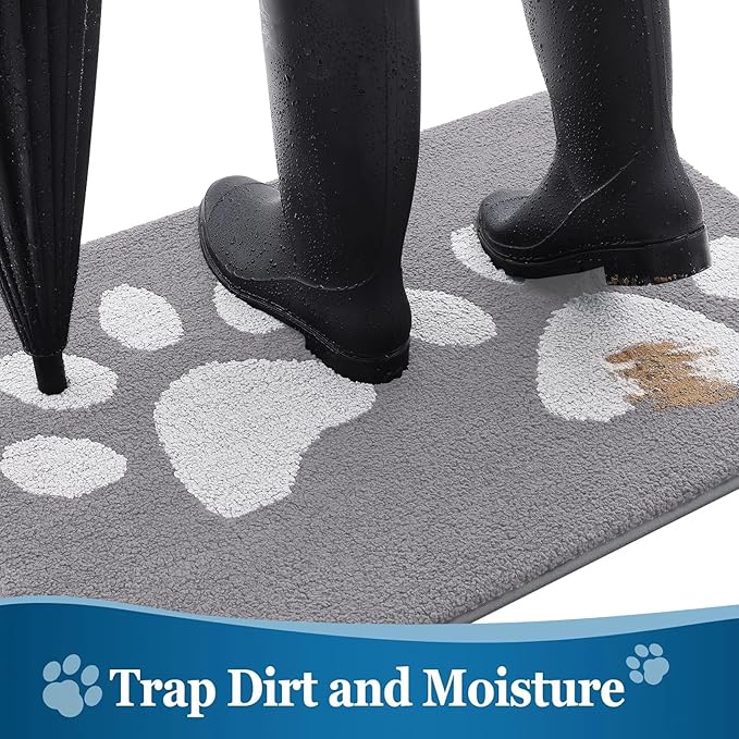 Buganda Dog Door Mat for Muddy Paws, Absorbent Dirt Trapper Washable Indoor Doormats, Non Slip Low-Profile Mud Mat for Dogs, Front Entrance Doormat for Inside Floor (40x32 Inches, Light Grey)