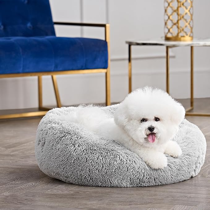Juicy Couture Devon Faux Fur Medium Gray Round Pet Bed for Dogs and Cats
