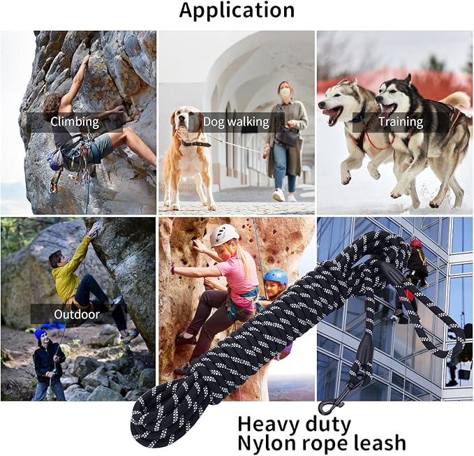 Long Dog Leash for Training 50Ft-Reflective Nylon Rope with Swivel Hook-Recall Agility Lead for Large Small Medium Dogs Outside Walking Hiking-Black Diam 1/2"