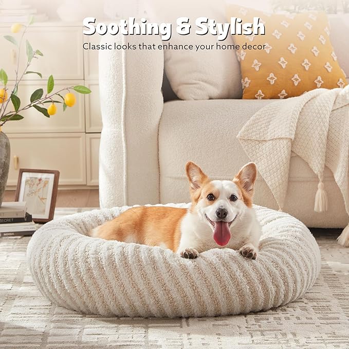 MIXJOY Dog Bed Medium Size Dogs, Washable Medium Dogs Bed with Removable Cover, Cozy Donut Dog Ded Fluffy Plush Faux Fur Pet Bed with Anti-Slip Bottom, 30"x30"x8", White