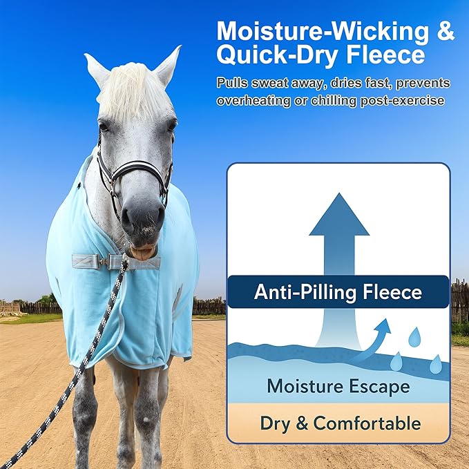 Horse Fleece Cooler, Blanket Liner - 300g Anti-Pilling Fleece, Moisture-Wicking, Cooling & Drying for Post-Workout, Bath & Travel, Prevent Overheating & Chilling Lightblue 72