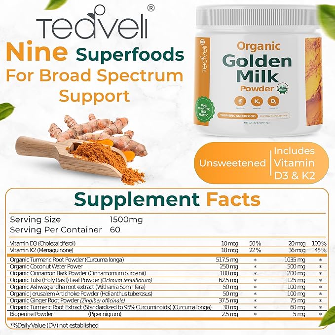 Organic Golden Milk Powder (Leche Dorada organica) with Turmeric, Ginger, Curcumin, Cinnamon, KSM66 Ashwagandha, Tulsi & Natural Prebiotics– Delicious Vegan-Friendly, Unsweetened Turmeric Tea Latte