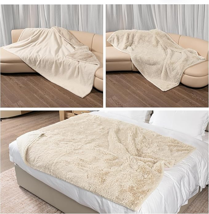 Waterproof Dog Blanket Beige Fluffy Long Faux Fur Pet Throw Blankets 28x20in for Couch Love Bed Cover Washable(Beige,XS)