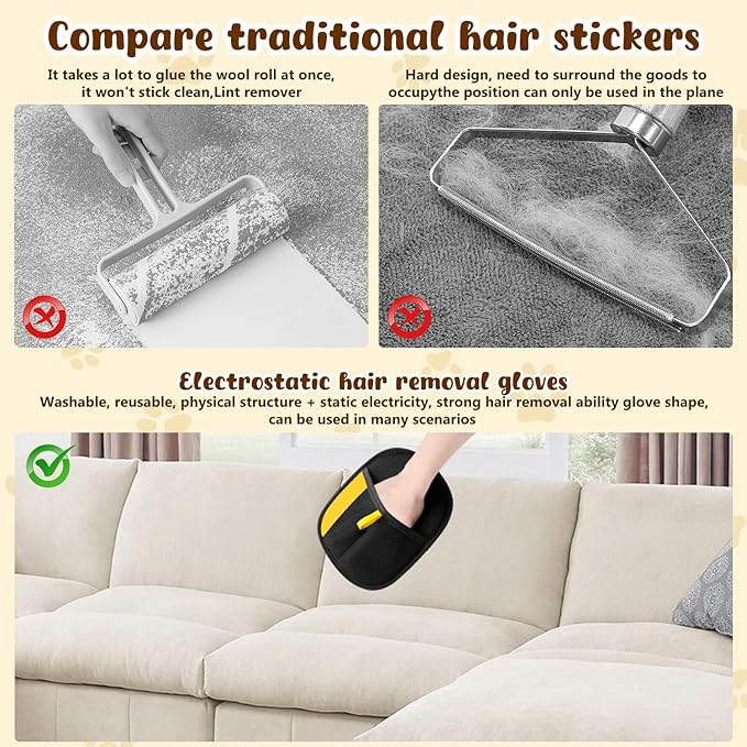 KLIFE 2Pcs Pet Hair Remover Glove for Cats & Dogs, Electrostatic Pet Hair Removal Gloves, Reusable Double Sided Pet Hair Remover for Couch, Furniture, Carpet, Car Seat