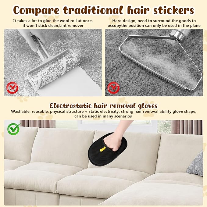 2Pcs Pet Hair Removal Glove, New Upgrade Efficient Grooming Gloves for Pet Hair,Cat Grooming Gloves for Hair Removal,Versatile Reusable Electrostatic Pet Hair Remover Glove