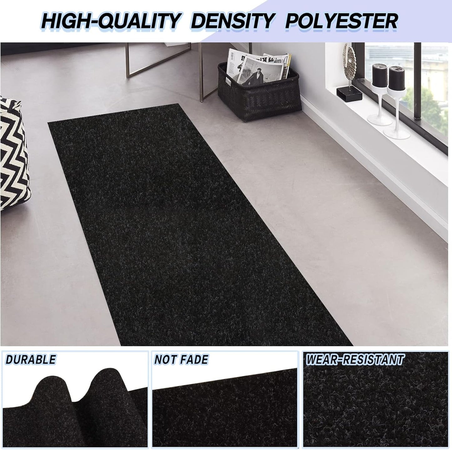 Custom Size Backed Non-Slip Area Rugs Runner, Easy Clean, Waterproof Runner Rugs for Hallway Entryway, Kitchen, Laundry, 4FT x 49FT, Black