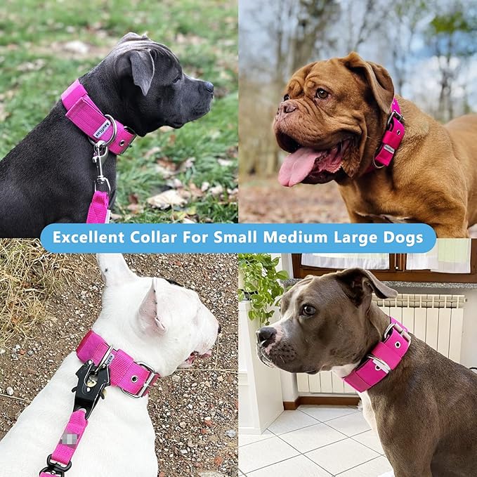 Heavy Duty Tactical Dog Collar - 1.5" Width Military Durable Thick Nylon with Adjustable Metal D Ring & Buckle Working Training K9 Collar for Medium Large Dogs (L(20"-23"), Hot Pink)