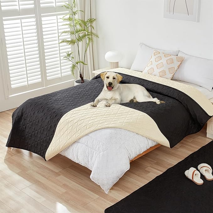 GIBZ Water Resistant Dog Bed Blanket Cover Large Anti Slip Pet Furniture Protector Washable Cat Quilted Mat for Couch, Black, 210x210cm