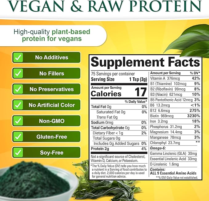 Sunlit Best Spirulina Powder Organic USDA - Chlorophyll, Fast Absorption, Blue-Green Spirulina Algae, Raw Vegan Protein - Non-GMO, Gluten Free Superfood Energy, Gut, Immune Support Supplement - 8 Oz
