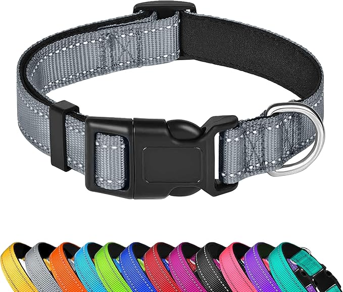 Reflective Dog Collar, Adjustable Soft Neoprene Padded Nylon Pet Collars with Buckle for Small Dogs, Gray,S