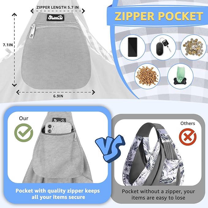 Lukovee Pet Sling, Hand Free Dog Sling Carrier Adjustable Padded Strap Tote Bag, Shoulder Bag with Safety Belt & Front Pocket for Small Dog Cat Puppy (Grey-WY,L)