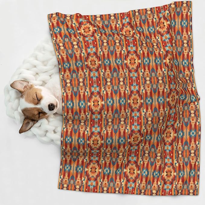 Reversible Plush Pet Blanket for Puppies Kittens, Ethnic Tribal Navajo Indiana Western Southwest, Double Sided Gentle Dot Texture for New Pets Adjusting to Home Environment Softly