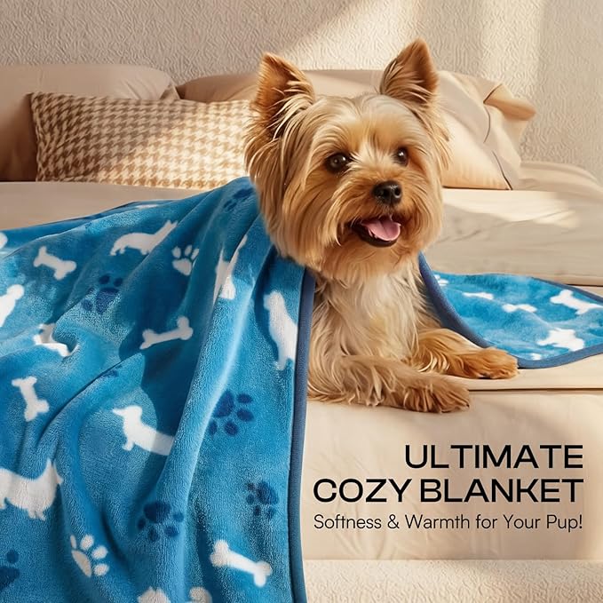 Luciphia 1 Pack 3 Blankets, Cute Dog Printed Fluffy Fleece Pet Blanket for Dogs Cats Washable, Warm Soft Throw Cover for Crate Couch, Gifts Puppy Essentials, Blue/Grey/Khaki, Medium (30x20 inch)