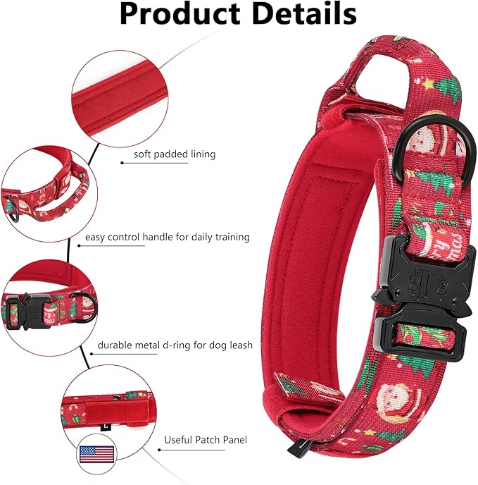 DAGANXI Christmas Tactical Dog Collar, Adjustable Military Training Nylon Dog Collar with Control Handle and Metal Buckle for Medium and Large Dogs, with Patches and Airtags Case (M, Christmas red)