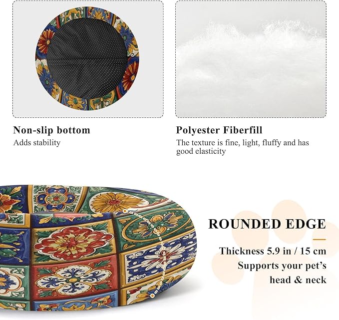 Round Cat Bed Dog Bed,15.7in Mexican Tile Patterns Washable Non-Slip Bottom Soft Pet Bed for Small Medium Dogs and Cats