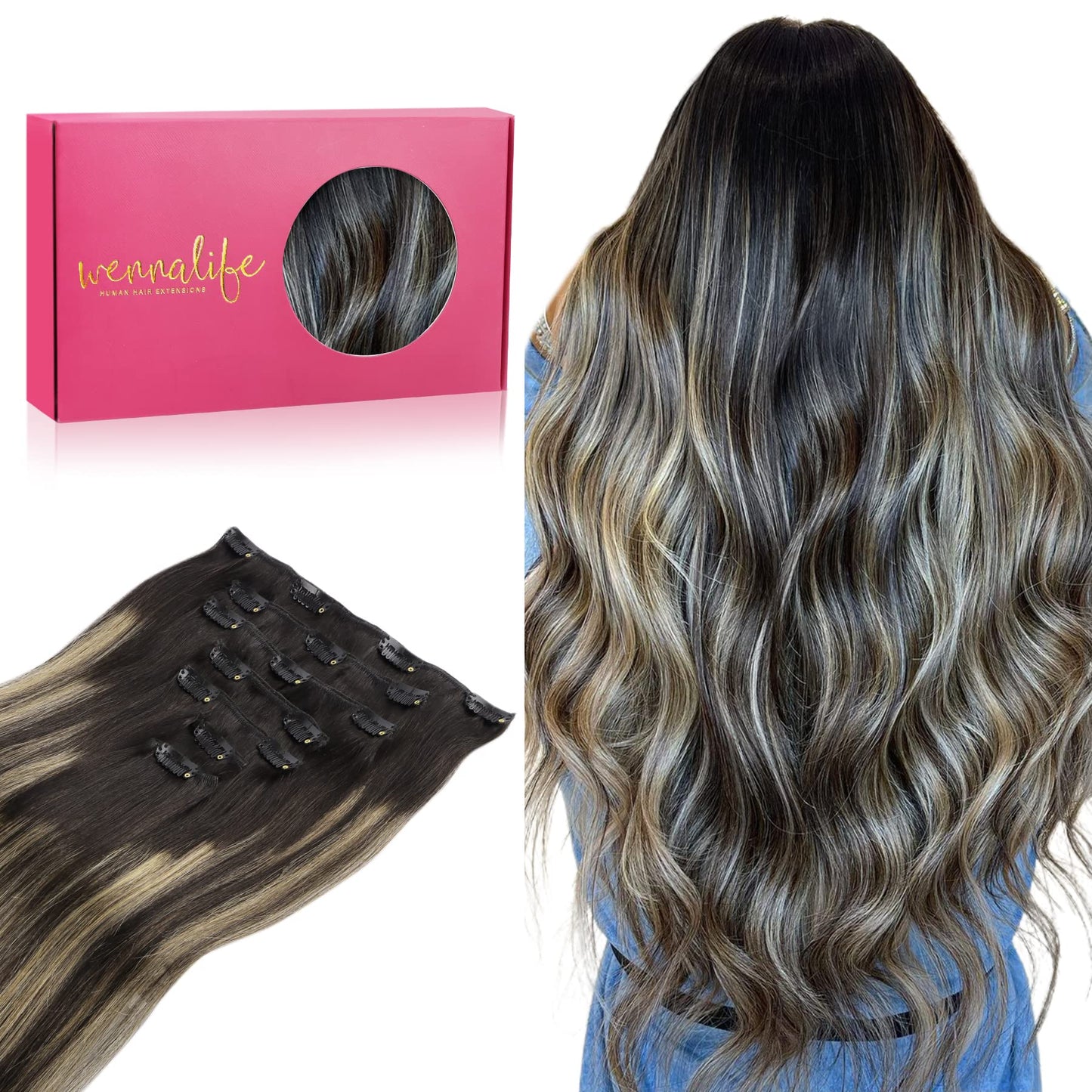 Wennalife Clip In Human Hair Extensions, 18 Inch 120G 7Pcs Balayage Natural Black To Light Blonde Hair Extensions Clip In Human
