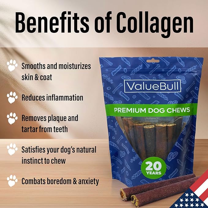 ValueBull USA Collagen Sticks for Dogs, 6 Inch Thick Chews, Natural Long-Lasting Dog Treats, 200 Count Bulk Pack - Promotes Joint, Skin & Coat Health with Glucosamine and Chondroitin