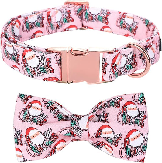Christmas Dog Collar, Pink Christmas Santa Claus Dog Collar Bow Tie Pet Collars with Bow Adjustable Pet Collars with Premium Metal Buckle Dogs Necklace for Small Girl Dogs