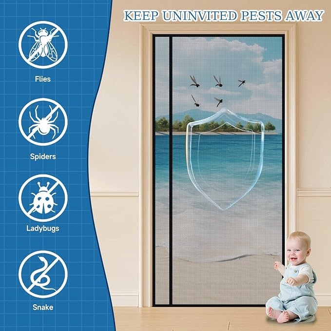Magnetic Screen Door Left Right Side Opening Upgraded PET Mesh Greater Than Fiberglass and Polyester,Keep Bugs Out,Pet & Kid Friendly,Suitable for Sliding Doors,Patio French Doors-60" X 96"