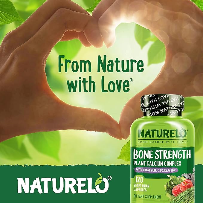 NATURELO Calcium Supplement - with Vitamin C, Vitamin D3, K2, and Calcium Magnesium Zinc for Bone Strength with Calcium 600mg - Plant-Based, 240 Vegetarian Capsules, Non-GMO, Soy & Gluten-Free