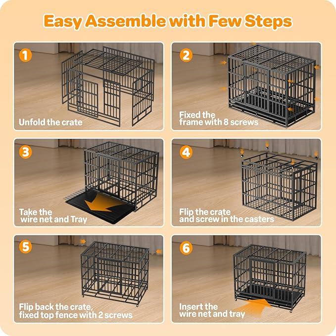 42 Inch Heavy Duty Dog Crate, Indestructible Escape-Proof Dog Kennel for High Anxiety Large Dogs, Strong Metal Pet Cage with Double Doors, Lockable Wheels & Removable Tray, XL XXL XXXL