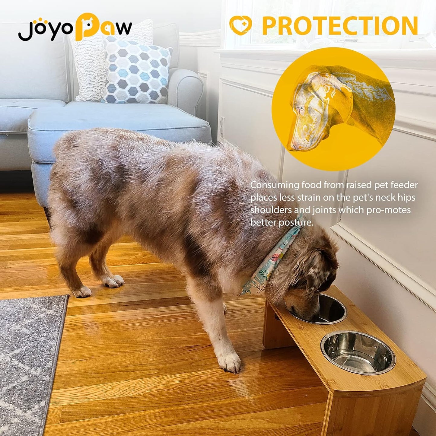 Elevated Dog Bowls, Bamboo Raised Dog Bowl for Medium Dogs, with 2 Stainless Steel Bowls (7'' Tall-30 oz Bowl)