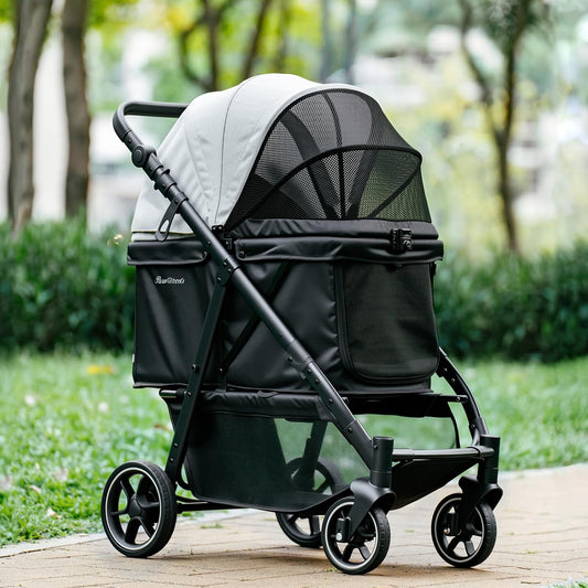 Medium Dog Stroller, Foldable Pet Stroller with Adjustable Handle & No Zip Entry, Storage Basket & Cup Holder, Canopy, Mesh Windows, Ideal for Medium Dogs and Cats Up to 50lbs, Black