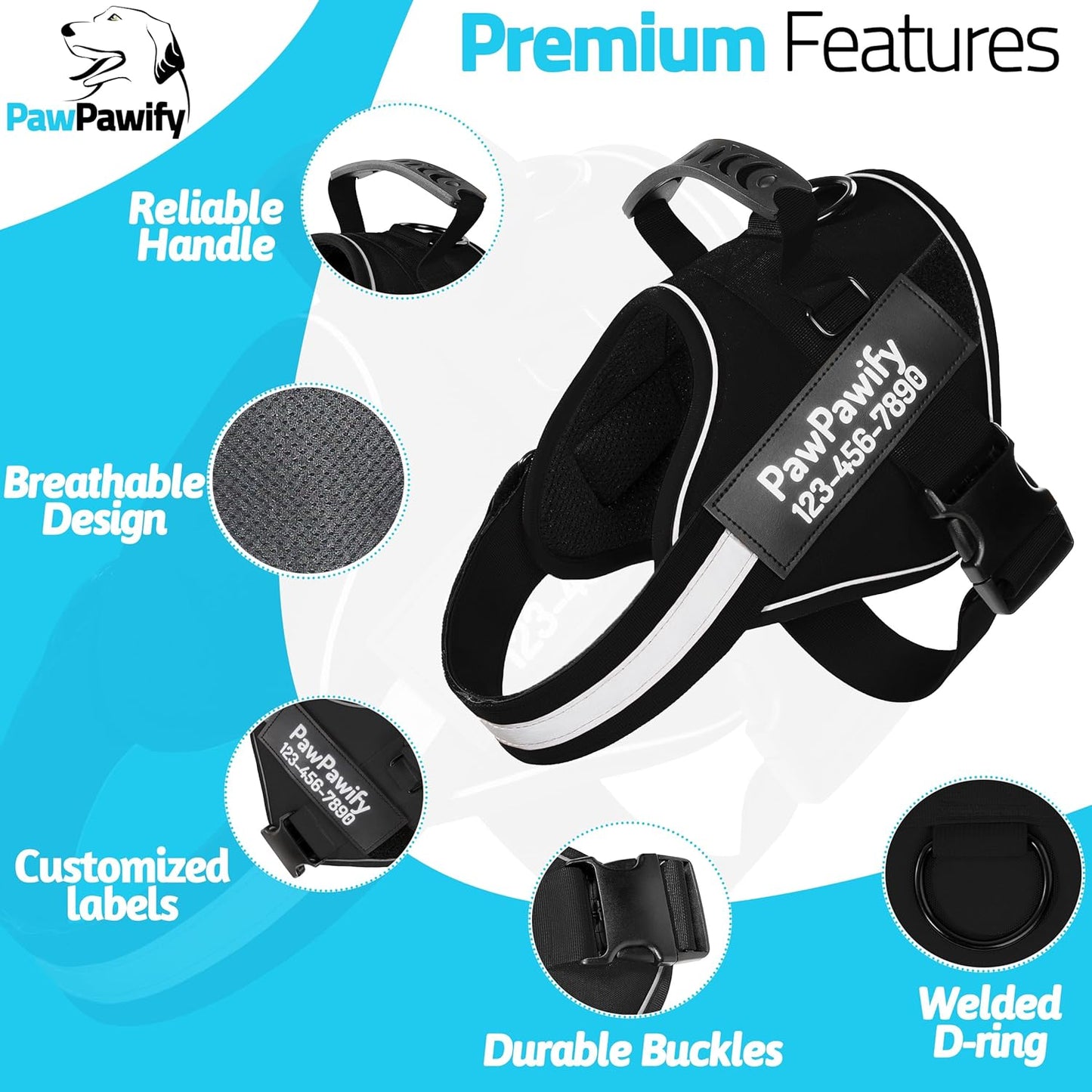 PawPawify Custom No Pull Dog Harness with Name and Phone Number, Heavy Duty Personalized Pet Vest to Prevent Tugging, Pulling, or Choking, Training and Walking (New Black, M (20-40 LBS))