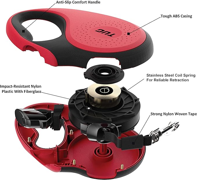 TUG 360° Tangle-Free Retractable Dog Leash with Anti-Slip Handle | 16 ft Strong Nylon Tape | One-Handed Brake, Pause, Lock (Large, Red)