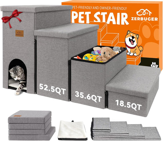 Dog Stairs 23" H, 4-Step Wider Dog Steps for High Beds Window, Folding Storage Pet Stairs Gift for Small/Medium/Large Old Dogs Cats, Ramp for Climbing Car Up to 200 lbs (Gray, with Condo)