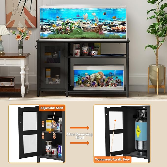 55-75 Gallon Fish Tank Stand , Aquarium Stand with Cabinet & Power Outlets for Fish Tank Accessories Storage, Heavy Duty Metal Terrarium Stand, 52" L*19" W Tabletop, 1200LBS Capacity, Black