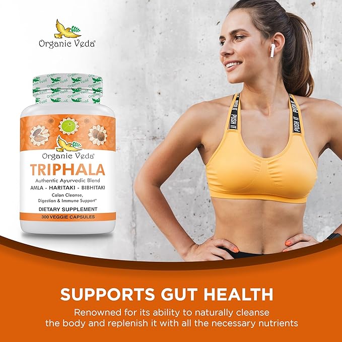 Organic Veda Triphala Powder 300 Capsules, 1000mg - Organic Triphala Supplement for Colon Cleanse, Immune, Gut & Digestion Health - Whole Green Antioxidants Amla, Haritaki & Bibhitaki - Vegan Pills