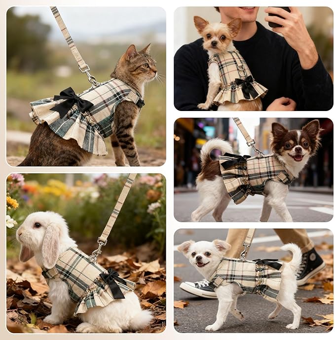 EXPAWLORER Dog Harness Small Medium Sized Dogs, Plaid Dog Dress Bowknot Harness and Leash Set, No Choke No Pull Soft Mesh Vest Cute Princess Puppy Outfits Clothes Costume for Girls Party Cats Beige M