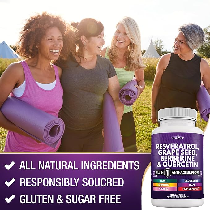 NEW AGE Resveratrol, Berberine, Grape Seed Extract, Quercetin, Polyphenol Supplement for Women and Men with Noni Extract, N-Acetyl Cysteine, Acai Extract - 180 Capsules