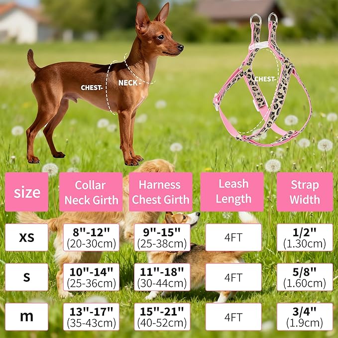 Mile High Life Leopard Dog Harness Collar Leash Set, Adjustable No Pull Dog Halter Harness for Small Breed Dogs, Easy Control for Training Walking (Pink, XS Chest 9"-15", Neck 8"-12")