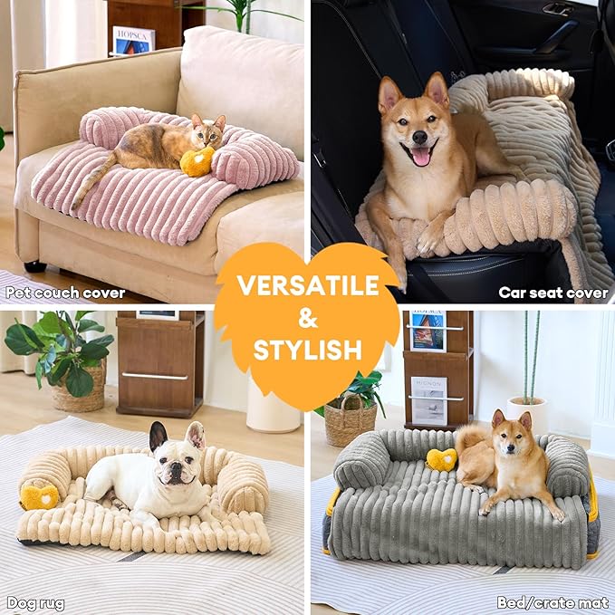 FUNNY FUZZY Pet Couch Cover for Sofa, Calming Dog Bed for Couch, Fluffy Plush Dog Couch Mat for Furniture Protector for Medium Dogs and Cats, 33×28 in, Mist Grey