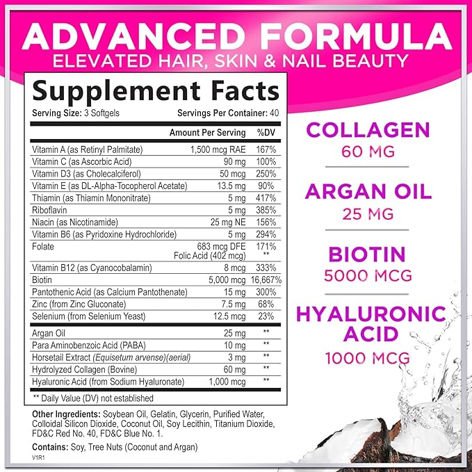 Hair, Skin & Nails Vitamins for Women - Biotin 5000mcg to Support Hair Growth with Argan Oil, Collagen & Hyaluronic Acid, Beautiful, Stronger Skin, Hair & Nails Vitamin Supplement - 120 Softgels