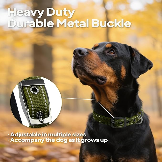 PetiFine Dog Collar for Large Dogs, Neoprene Padded and Adjustable, Reflective Wide Heavy Duty Pet Collars with Durable Metal Belt Buckle for Walking, Green, L