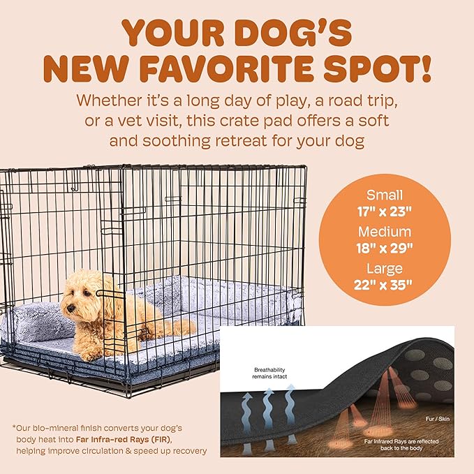 Dog Gone Smart Chill Kuzzi Dual Bolster Crate Pad - Washable Dog Bed Infused with Far Infrared Rays (FIR) -Supportive Plush Cushion for Crates, Travel, and Recovery - Slate Grey, Medium 18 x 29 Inches